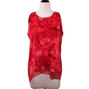 Arianna by Howards Shirt Top S/M Layered Chiffon Red Watercolor Floral Blouse